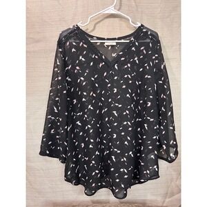 Maurices Womens Plus Size 1 Black Pink Abstract Print Sheer VNeck Chiffon Blouse